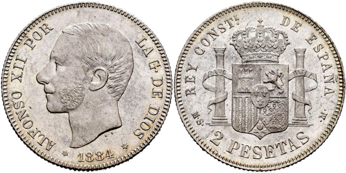 Cy16579.-ALFONSO XII 2 Peseta 1884(18-84)- M.S.M.- SC