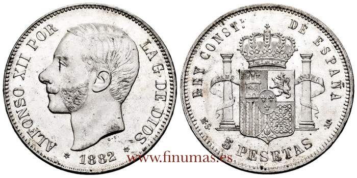 Cy16589H.-ALFONSO XII - 5 Pesetas 1882 MSM. NGC MS62