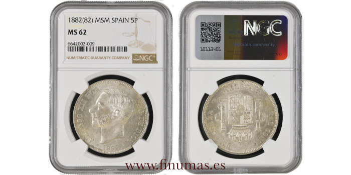 Cy16589H.-ALFONSO XII - 5 Pesetas 1882 MSM. NGC MS62