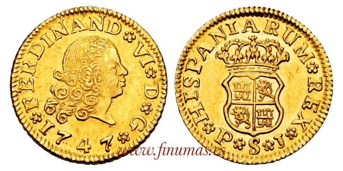 FERNANDO VI 1/2 ESCUDO 1747 SEVILLE P.J. EBC+ Cy09921.- FERNANDO VI 1/2 ESCUDO 1747 SEVILLE EBC+