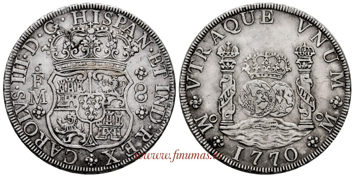Cy11200.- CARLOS III - 8 REALES COLUMNARY COLUMNARY 1770 Envelope 69 MEXICO F.M. MBC+