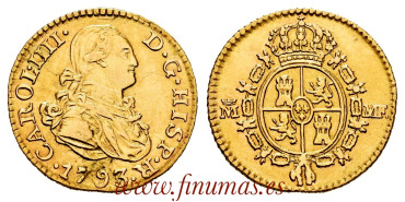 CARLOS IV 1/2 Coat of Arms 1793 New Kingdom J.J. MBC. Gold - RARE