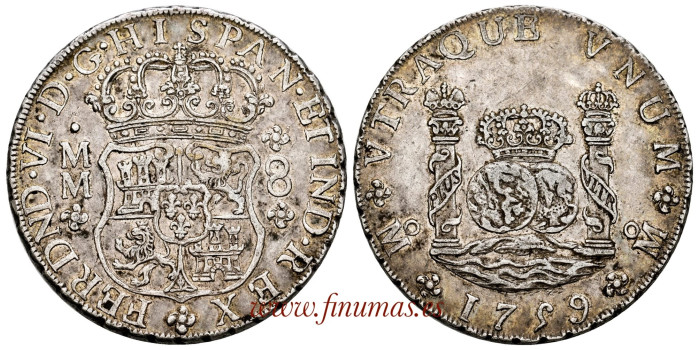 Cy09905.- Fernando VI 8 Reales Columnario 1759 MEXICO M.M. EBC-.