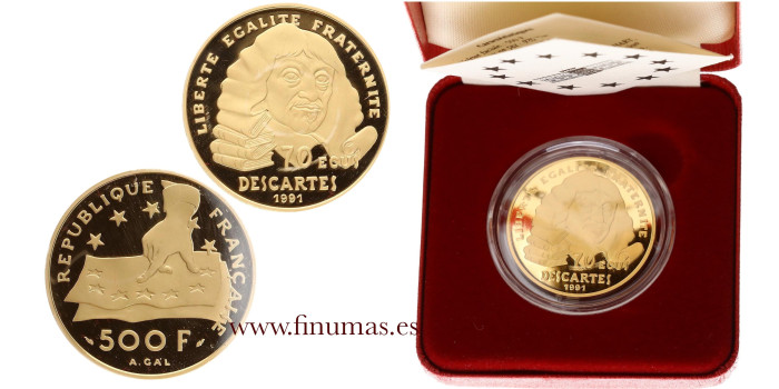 FRANCIA K-1003 - 500 FRANCOS/ 70 ECU 1991DESCARTES - 1/2 oz. ORO