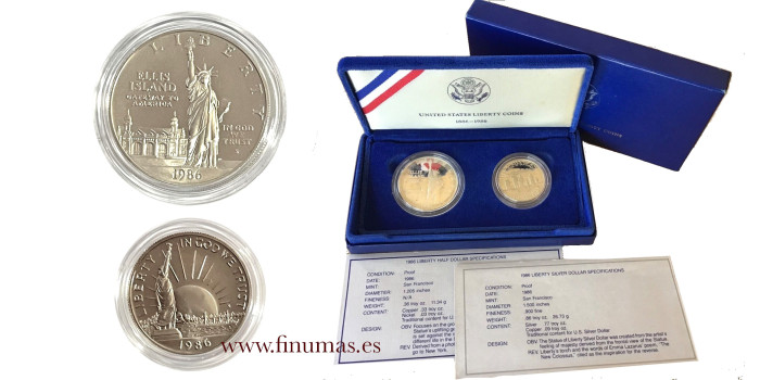 ESTADOS UNIDOS - K-212/214 - Estuche  1/2 y 1  DOLLAR Centenario Estatua Libertad - PLATA