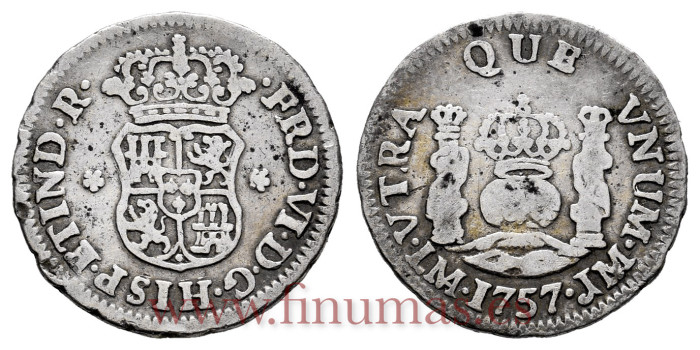 Cy09527.-FERNANDO VI - 1/2 Real 1757 Lima J.M. Columnario-MBC-
