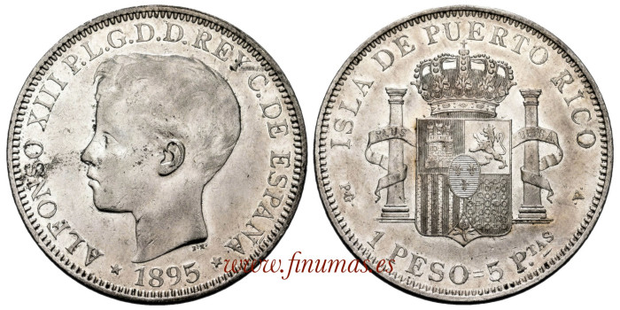 Cy16719H.- ALFONSO XIII 1 Peso 1895 S.G.V. Puerto Rico.- EBC