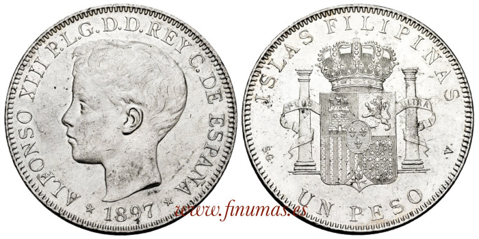 Cy16722J.- ALFONSO XIII - 1 Peso 1897 Philippines. SC-. B.O