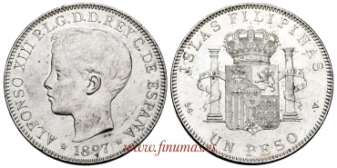 Cy16722J.- ALFONSO XIII - 1 Peso 1897 Philippines. SC-. B.O
