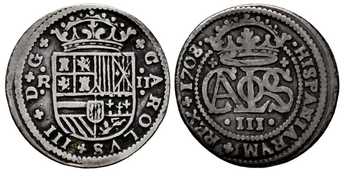 Cy07447.-CARLOS III Prte. 2 Reales 1708 Barcelona.-BC+