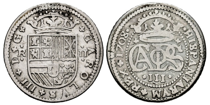 Cy07448.-CARLOS III Prte. 2 Reales 1708 Barcelona.-BC+