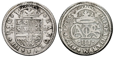 Cy07448.-CARLOS III Prte. 2 Reales 1708 Barcelona.-BC+