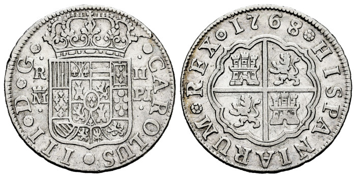 Cy10739.-CARLOS III - 2 Reales 1768 Sobre 1767 Madrid P.J.-MBC
