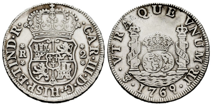 Cy10757.-CARLOS III - 2 Reales Columnario 1769 Potosi J.R.-MBC+