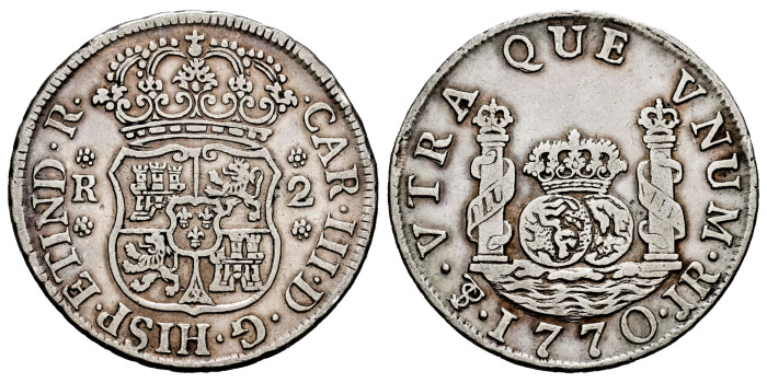 Cy10765.-CARLOS III - 2 Reales Columnario 1770 Mexico J.R.-MBC