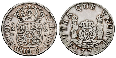 Cy10765.-CARLOS III - 2 Reales Columnario 1770 Mexico J.R.-MBC
