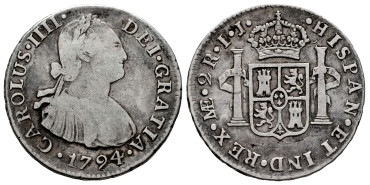 Cy12749-1.-CARLOS IV - 2 Reales 1794 Lima I.J.-BC+