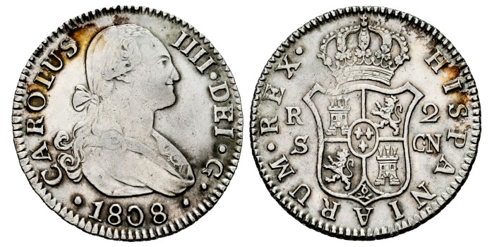 Cy12874-3.-CARLOS IV - 2 Reales 1808 Sevilla C.N.-MBC+
