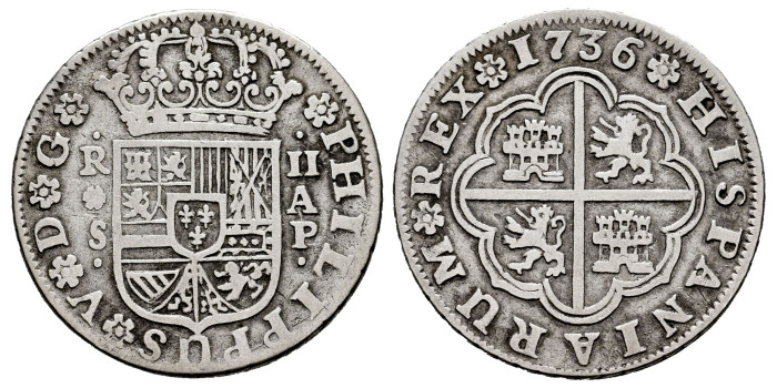Cy08278-2.-FELIPE V - 2 Reales 1736 Sevilla A.P.-BC+