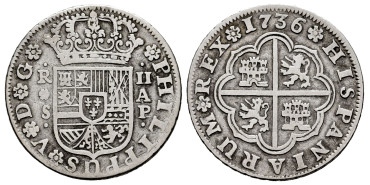 Cy08278-2.-FELIPE V - 2 Reales 1736 Sevilla A.P.-BC+