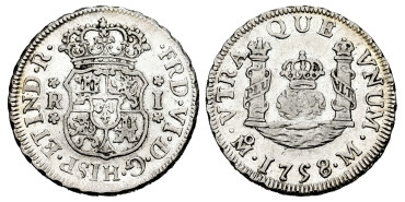 Cy09643.-FERNANDO VI - 1 Real 1758 Mexico M.- Columnario -EBC. R.B.O.