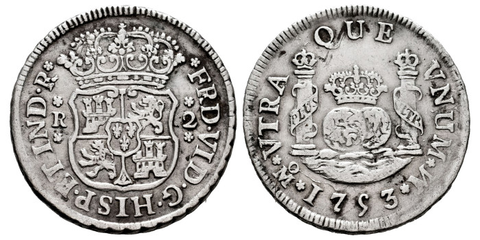 Cy09695.-FERNANDO VI - 2 Reales 1753 Mexico M. Columnario -MBC