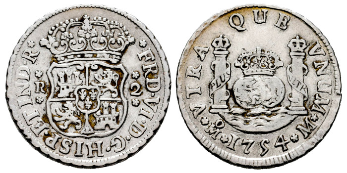 Cy09704.-FERNANDO VI - 2 Reales 1754 Mexico M. Columnario -MBC+