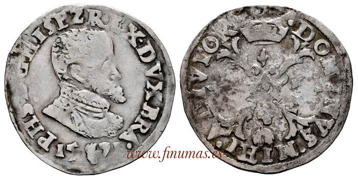 Cy03856XI.- FELIPE II - 1/10 de ESCUDO 1571 AMBERES. BC+ - PLATA