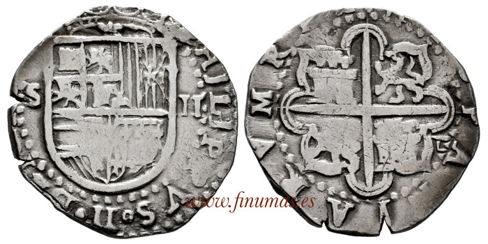 Cy03452-2.- FELIPE II - 2 Reales n/d.  Sevilla D. MBC  Plata