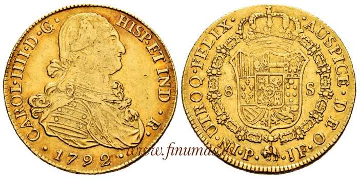 Cy13644.- CARLOS IV  8 Escudos 1792 Popayan  J.F. VARIANTE - MBC+.  Oro.