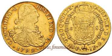 Cy13644.- CARLOS IV  8 Escudos 1792 Popayan  J.F. VARIANTE - MBC+.  Oro.