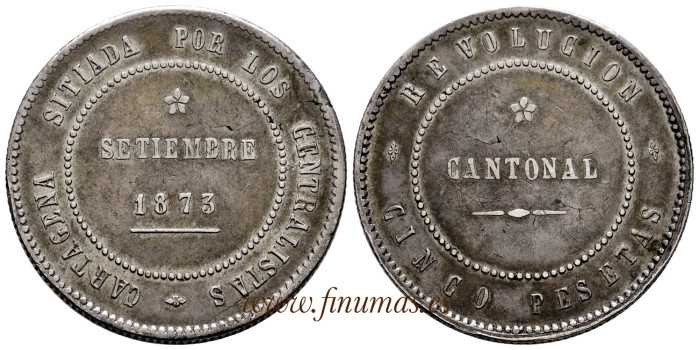 Cy16528.- G.P Y I REPUBLICA - 5 Pesetas 1873 CANTONAL. COINCIDENTE. MBC+