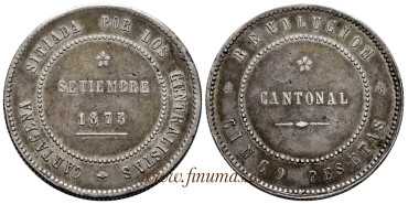 Cy16528.- G.P Y I REPUBLICA - 5 Pesetas 1873 CANTONAL. COINCIDENT. MBC+