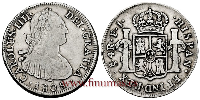 Cy13003.-CARLOS IV - 4 Reales 1808 Sobre 7  Santiago F.J.-MBC