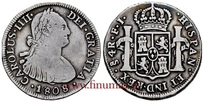 Cy13003-1.-CARLOS IV - 4 Reales 1808 sobre 7 Santiago F.J.-MBC