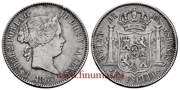 Cy16242.-ISABEL II - 1 Escudo 1867 Madrid .-MBC+