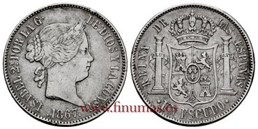 Cy16242.-ISABEL II - 1 Escudo 1867 Madrid .-MBC+