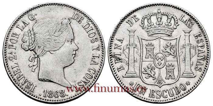 Cy16244.-ISABEL II - 1 Escudo 1868 (18-68) Madrid .-MBC+