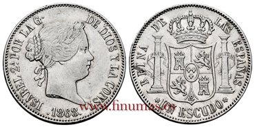 Cy16244.-ISABEL II - 1 Escudo 1868 (18-68) Madrid .-MBC+