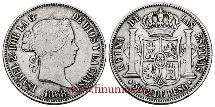 Cy16246.-ISABEL II - 50 Ctm. Peso 1868  Manila.-MBC