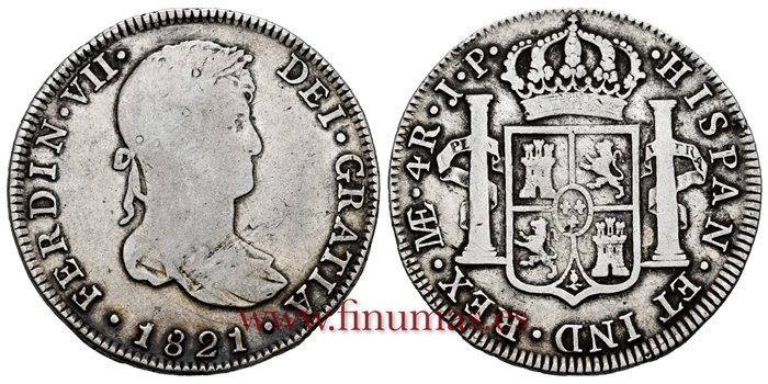 Cy14888.-FERNANDO VII - 4 Reales 1821 Lima J.P.- BC+