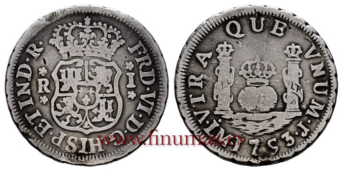 Cy09603.- FERNANDO VI - 1 Real columnario 1753 Lima J. MBC-