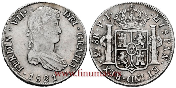 Cy15173.-FERNANDO VII - 8 Reales 1821 Potosi P.J.- MBC+
