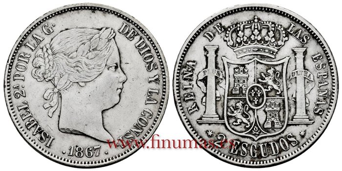 Cy16332.-ISABEL II - 2 Escudos 1867 Madrid.-MBC+