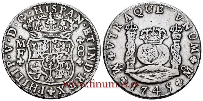 Cy08824.- FELIPE V - 8 Reales Columnario 1745 Mexico M.F. - MBC