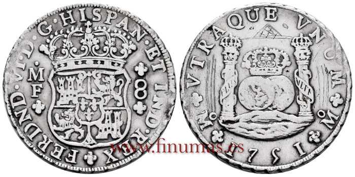 Cy09841.- FERNANDO VI - 8 Reales Columnario 1751 Mexico M.F. - MBC+