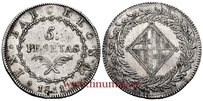 Cy13865.-JOSE NAPOLEON - 5 Pesetas 1811 Barcelona.-EBC