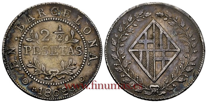 Cy13843.-JOSE NAPOLEON - 2 1/2 Pesetas 1808 Barcelona.-EBC-