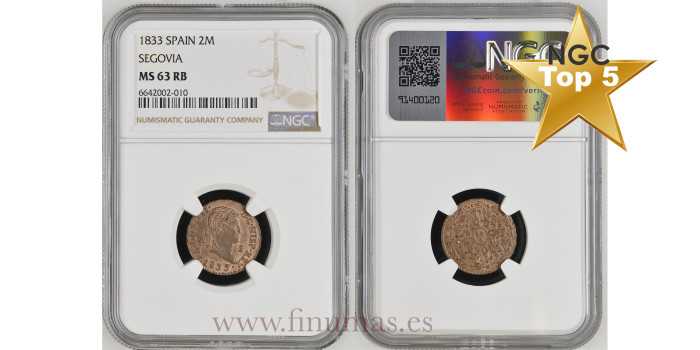 Cy13946.-FERNANDO VII -2 Maravedis 1833 Segovia - NGC MS63