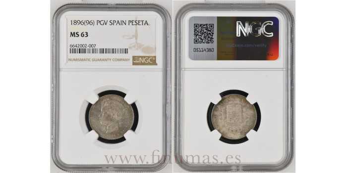Cy16675H.- ALFONSO XIII  1 PESETA 1896 (18-96) PGV.  NGC MS63